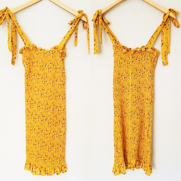NEW Free People Bella Smocked Slip Tie Strap Bodycon Mini Dress XS Yellow Gold - Picture 12 of 12